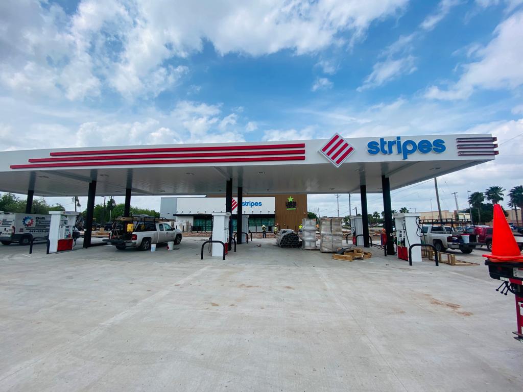Upgraded Stripes station with a sleek, new canopy enhancing visual appeal and brand identity.